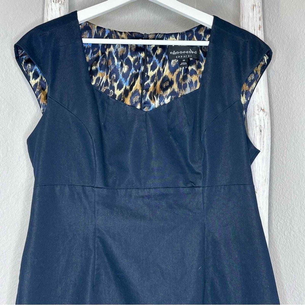Connected Apparel Dress M Navy Blue Leopard Print Lined Career Party - Picture 3 of 5